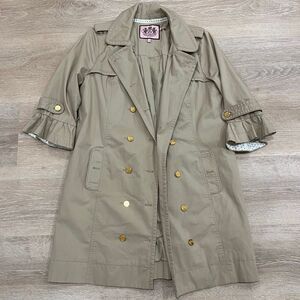 Juicy Couture Double Breasted Trench Coat Women's Large Khaki 3/4 Ruffled Sleeve